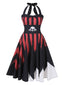 Robe dos nu à rayures noires et rouges avec tête de mort des années 1950