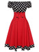 Robe à épaules dénudées à pois noirs et rouges des années 1950