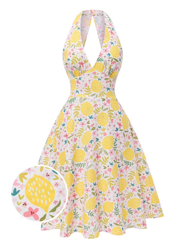 Robe rose à col en V et motif fleurs des années 1950