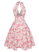 Robe rose à col en V et motif fleurs des années 1950