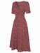 Robe à fleurs en V rouge vin des années 40 Vintage