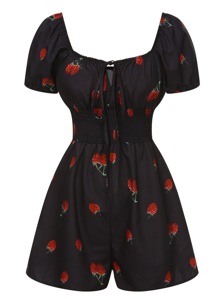 Combishort noire à manches bouffantes framboise des années 1950