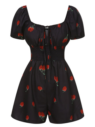 Combishort noire à manches bouffantes framboise des années 1950