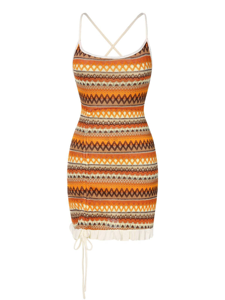 Robe bohème à bretelles tricot cordon serrage années 1960