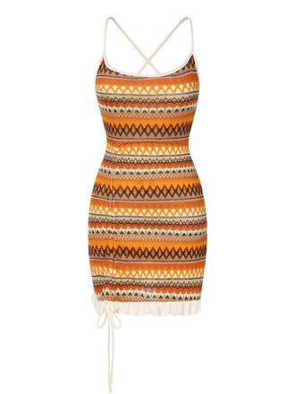Robe bohème à bretelles tricot cordon serrage années 1960