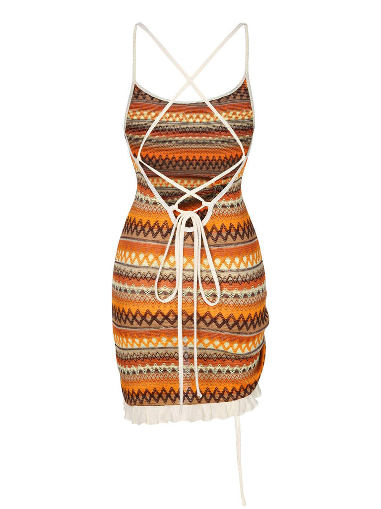 Robe bohème à bretelles tricot cordon serrage années 1960