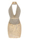 Robe beige à paillettes et col en V profond des années 1970