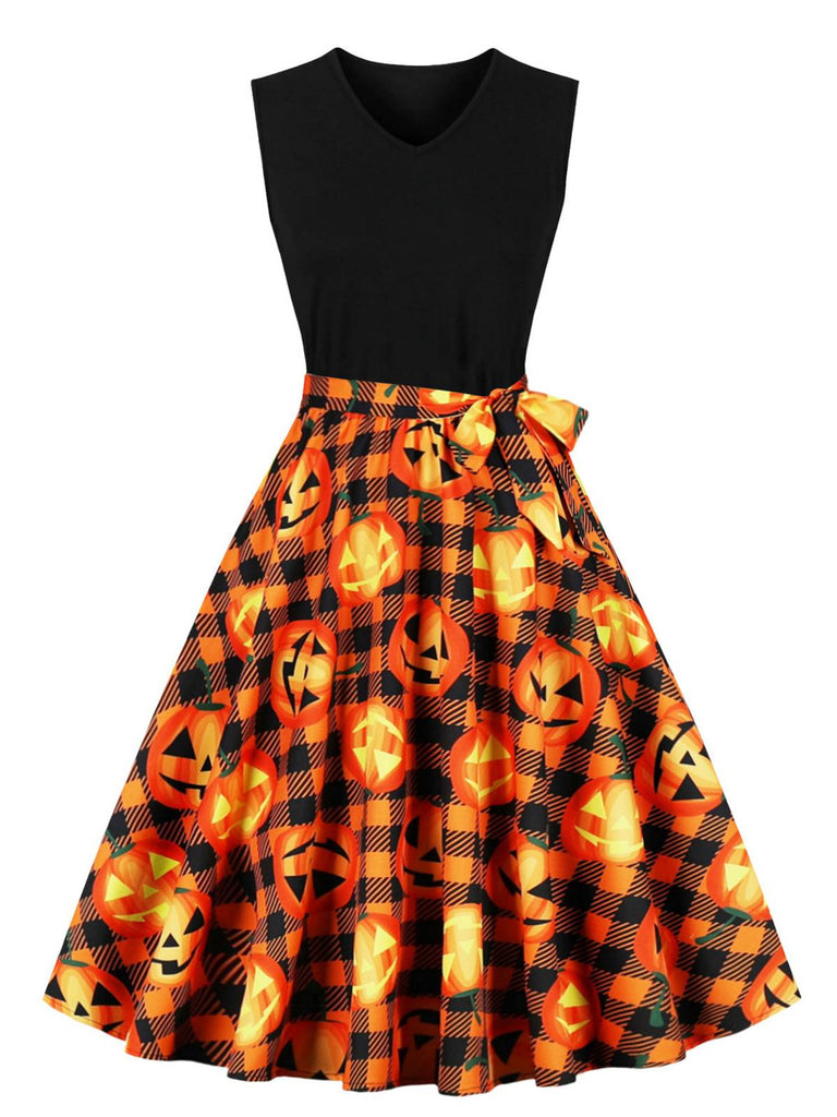 Robe trapèze à ceinture patchwork Halloween des années 1950