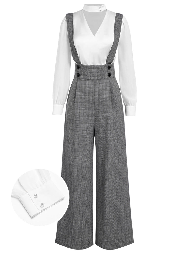 Chemisier satin et pantalon bretelles à carreaux années 1940