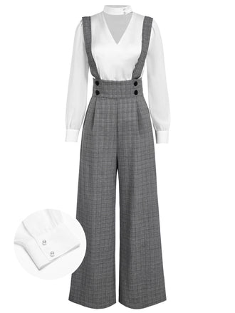 Chemisier satin et pantalon bretelles à carreaux années 1940