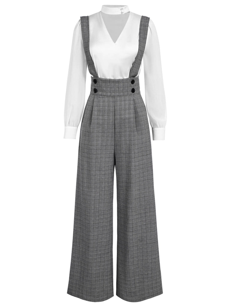 Chemisier satin et pantalon bretelles à carreaux années 1940