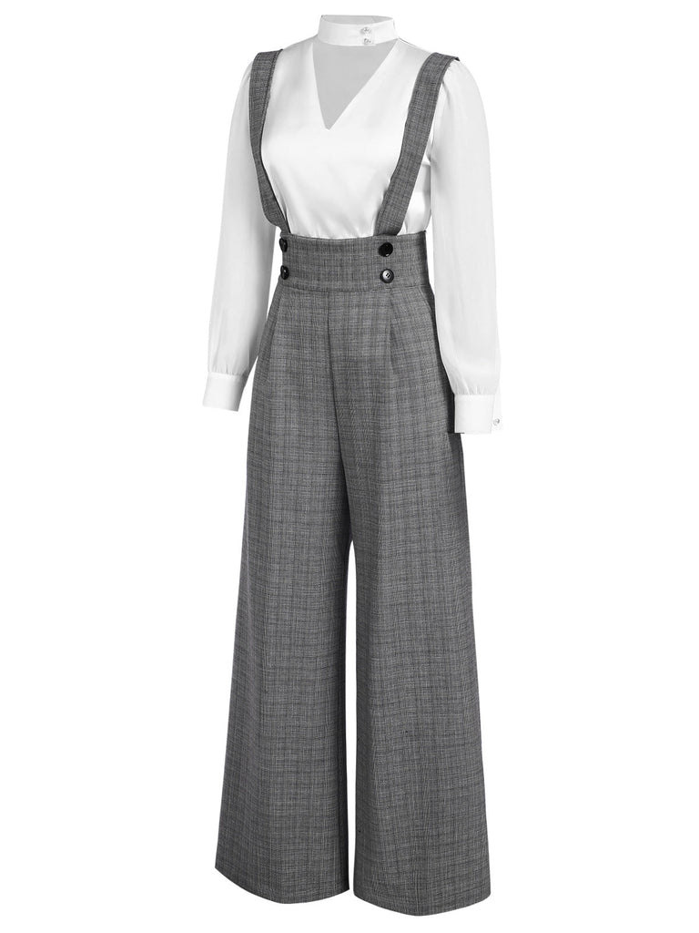 Chemisier satin et pantalon bretelles à carreaux années 1940