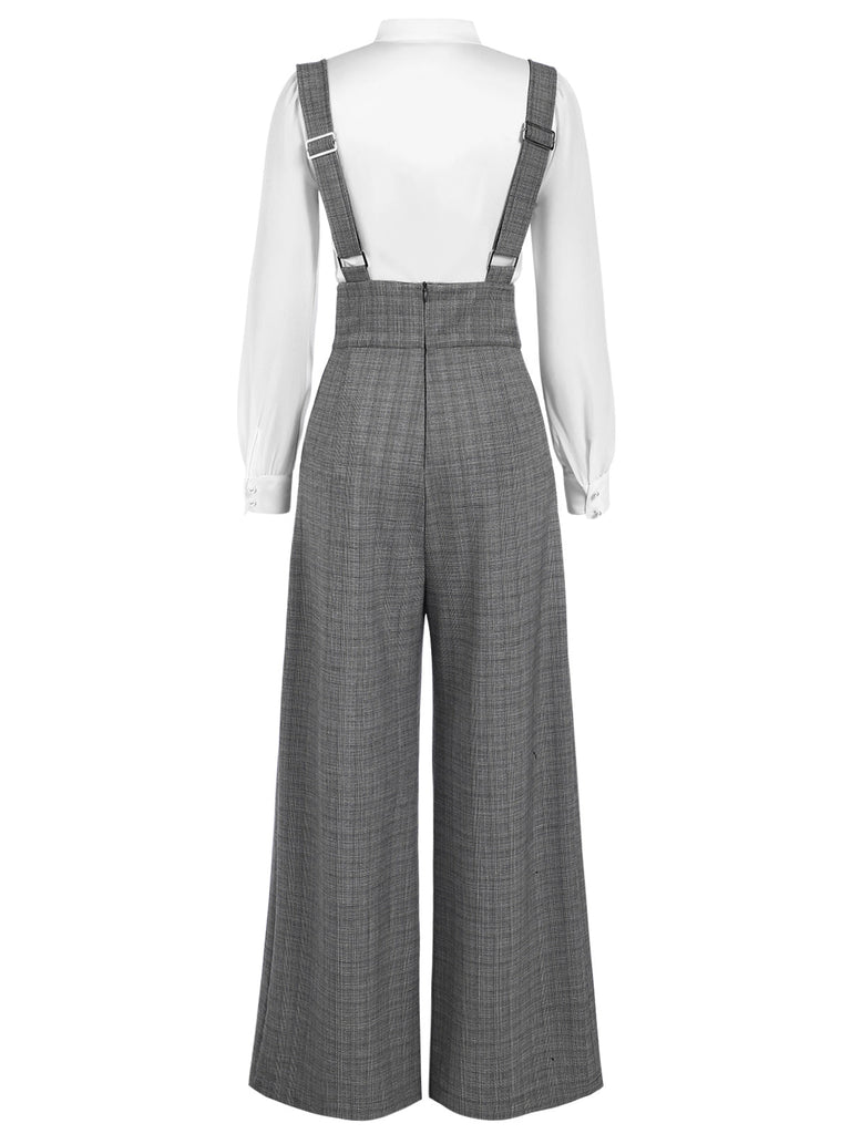 Chemisier satin et pantalon bretelles à carreaux années 1940