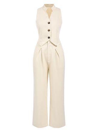 2PCS Haut boutonné beige des années 1960 et pantalon large à poches
