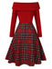 Robe rouge à carreaux de Noël à épaules dénudées des années 1950