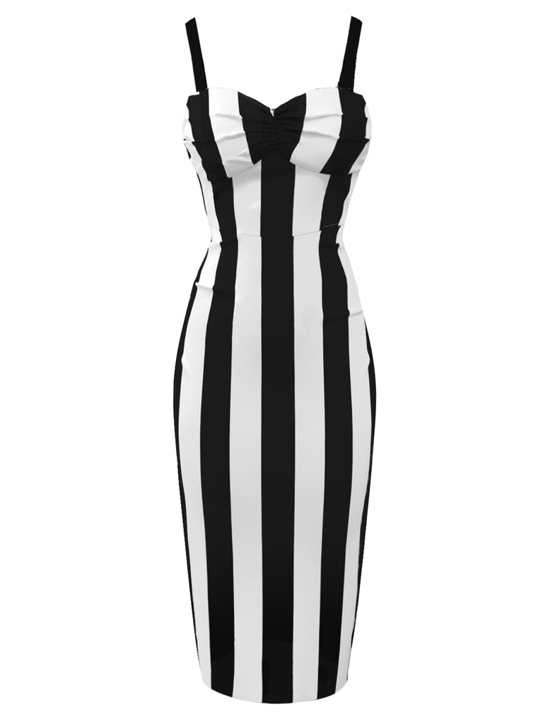 Robe crayon noire à bretelles à rayures verticales des années 1960