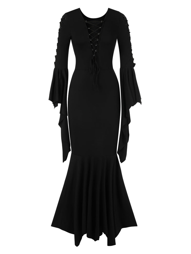 Robe sirène noire unie à lacets manches chauve-souris des années 1930