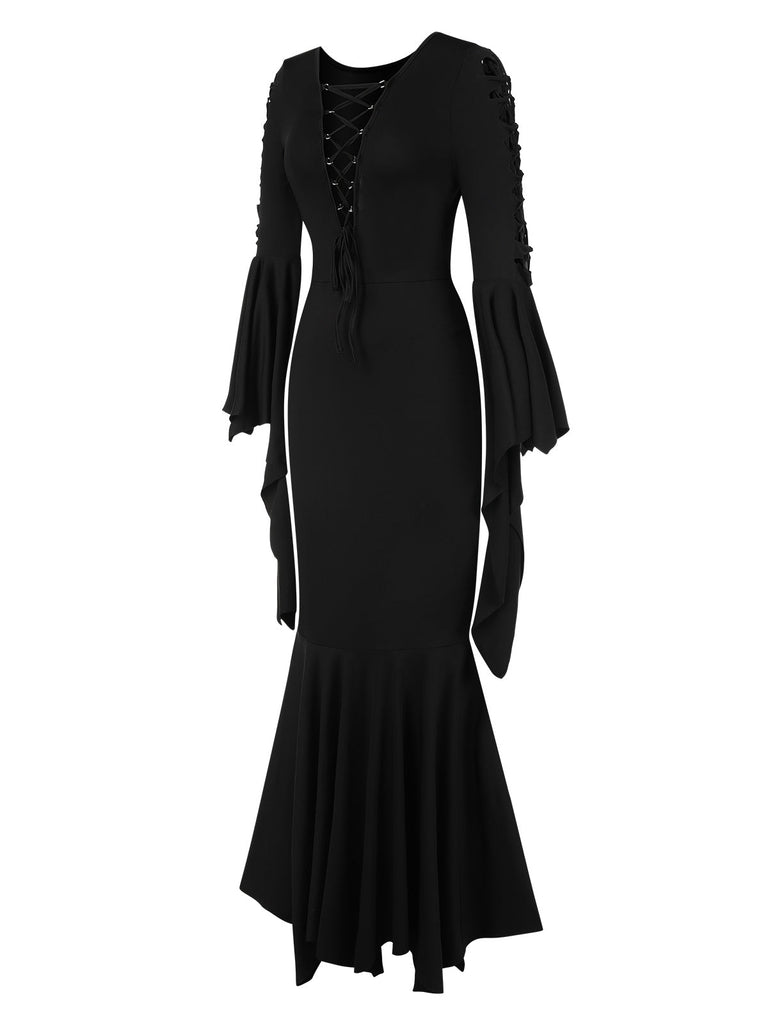 Robe sirène noire unie à lacets manches chauve-souris des années 1930