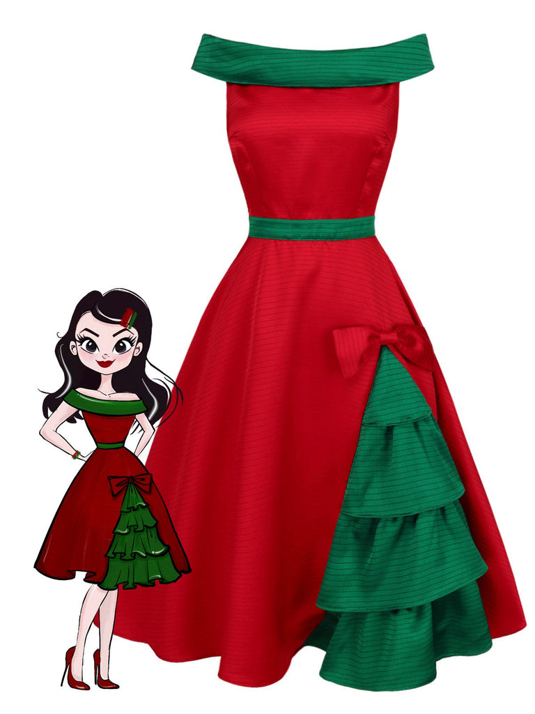 Robe à épaules dénudées rouge et verte sapin de Noël des années 1950