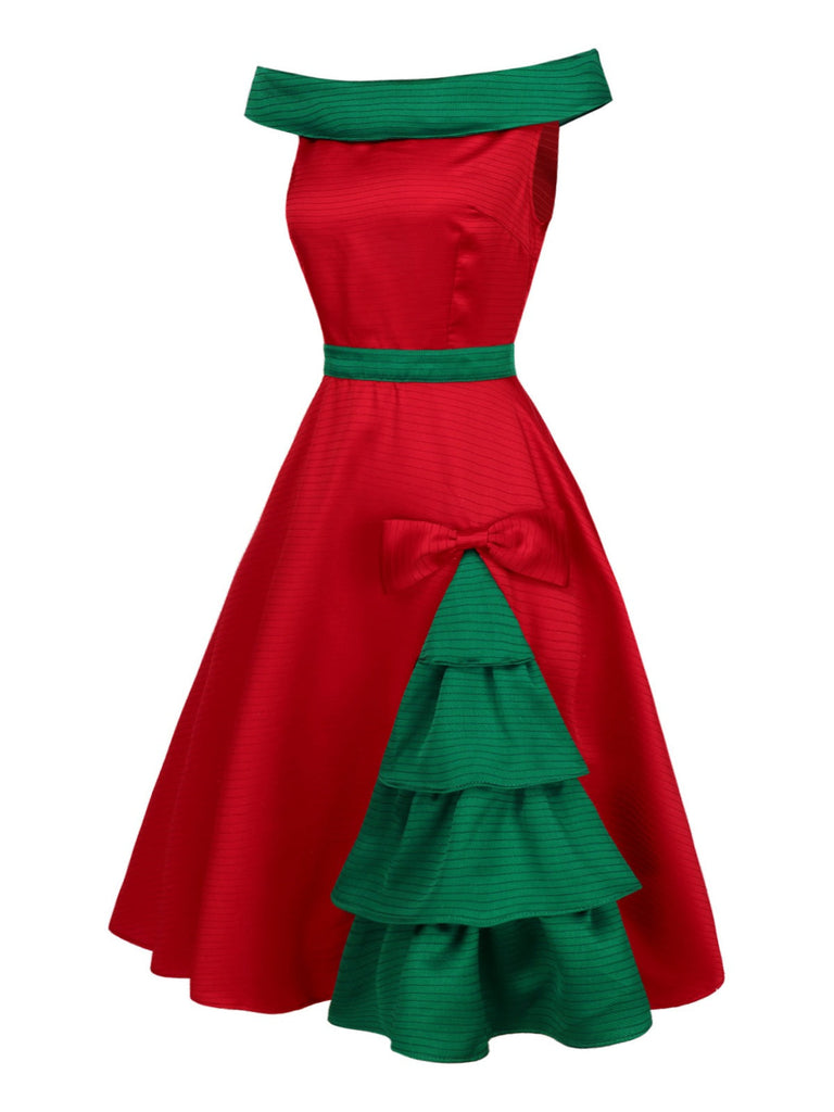 Robe à épaules dénudées rouge et verte sapin de Noël des années 1950