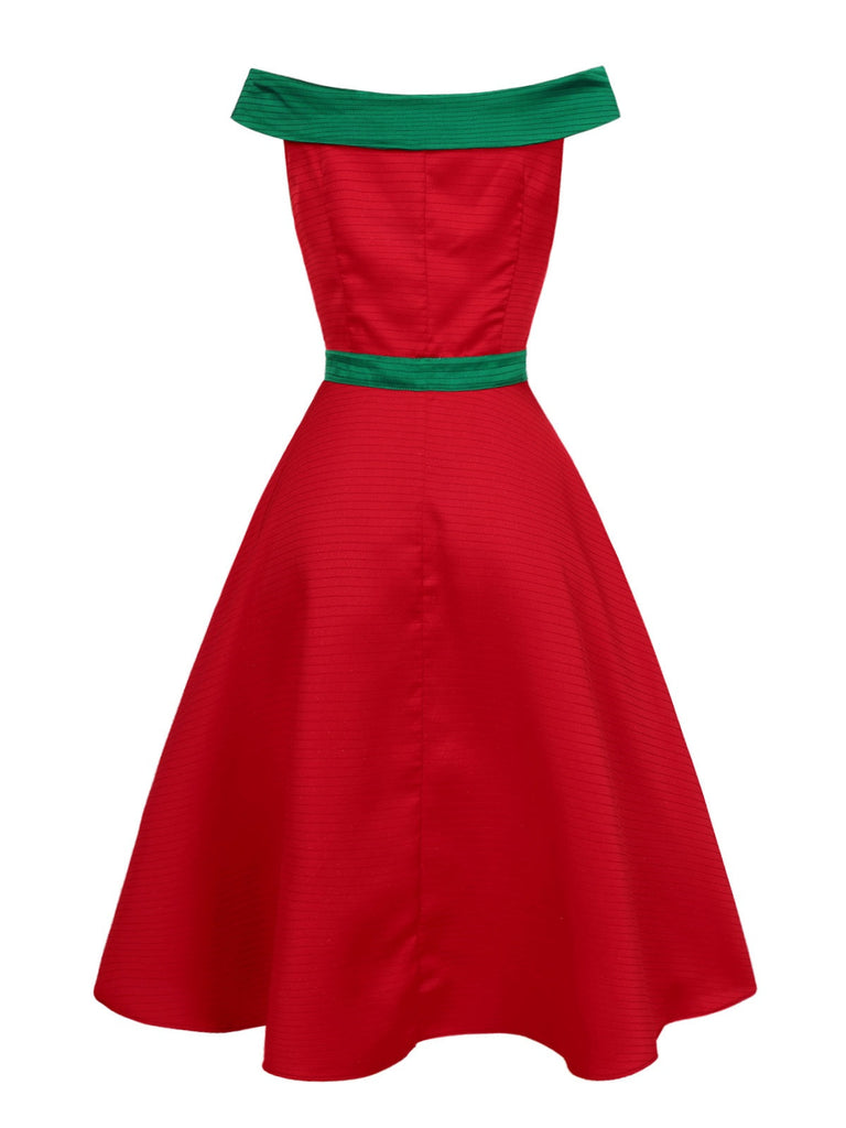 Robe à épaules dénudées rouge et verte sapin de Noël des années 1950