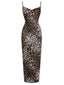 Robe dos nu à fines bretelles et motif léopard marron des années 1960