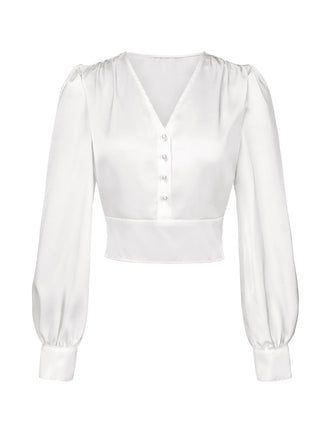 Chemisier blanc en satin à col V et manches bishop des années 40