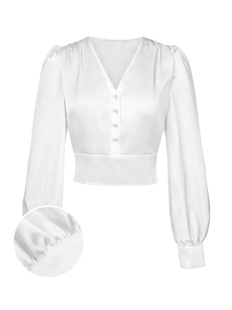 Chemisier blanc en satin à col V et manches bishop des années 40