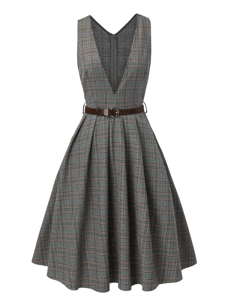 Robe à carreaux glen grise à col en V profond des années 40