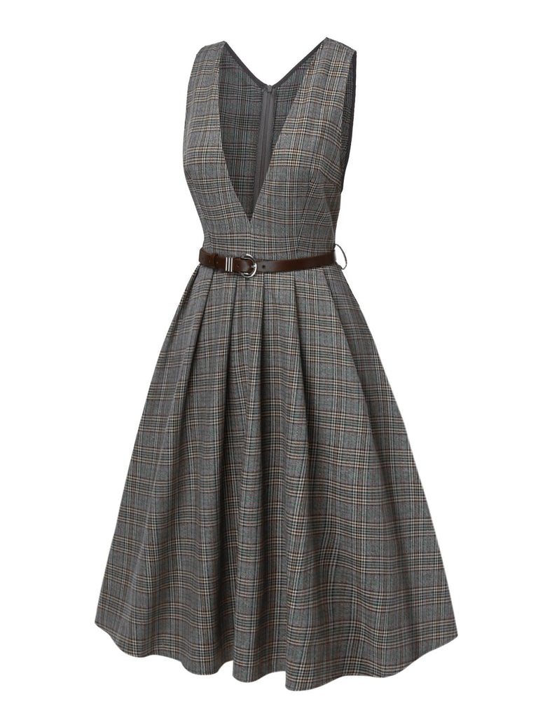 2PCS robe à carreaux et chemisier en satin années 40
