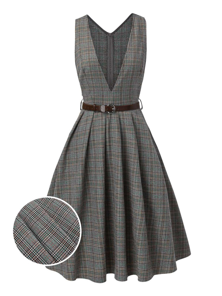 2PCS robe à carreaux et chemisier en satin années 40