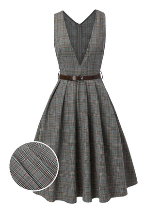 Robe à carreaux glen grise à col en V profond des années 40