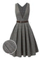Robe à carreaux glen grise à col en V profond des années 40