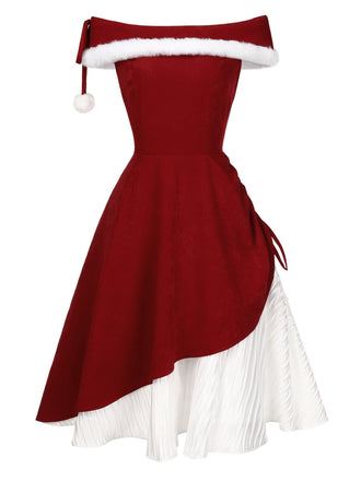 [Prévente] Robe rouge à épaules dénudées en peluche de Noël des années 1950