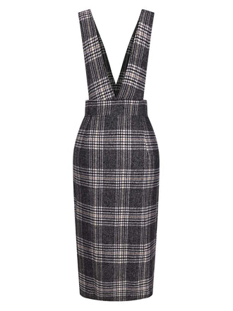 Robe chasuble à carreaux et boutons gris des années 1960