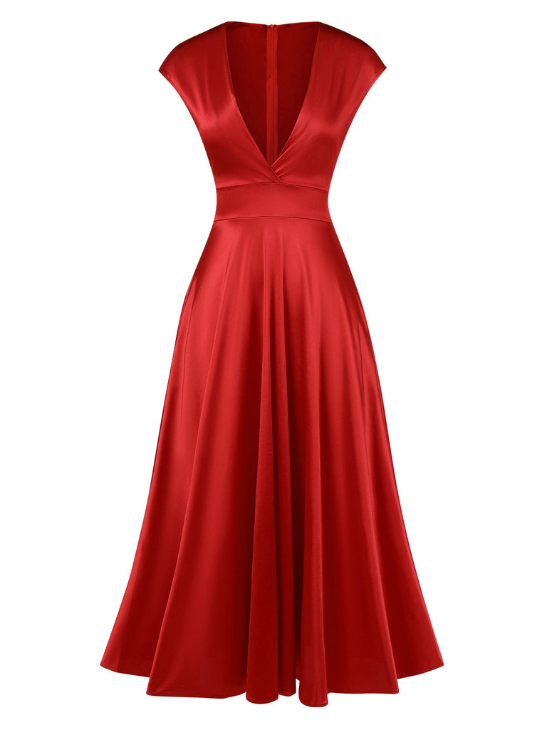 Robe en satin col en V profond rose des années 1950