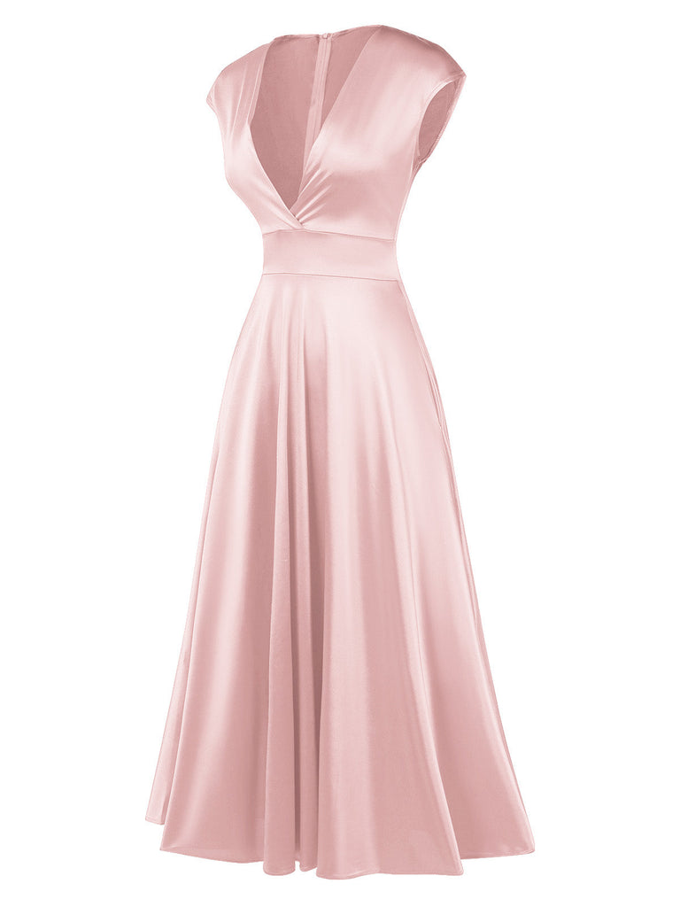 Robe en satin col en V profond rose des années 1950