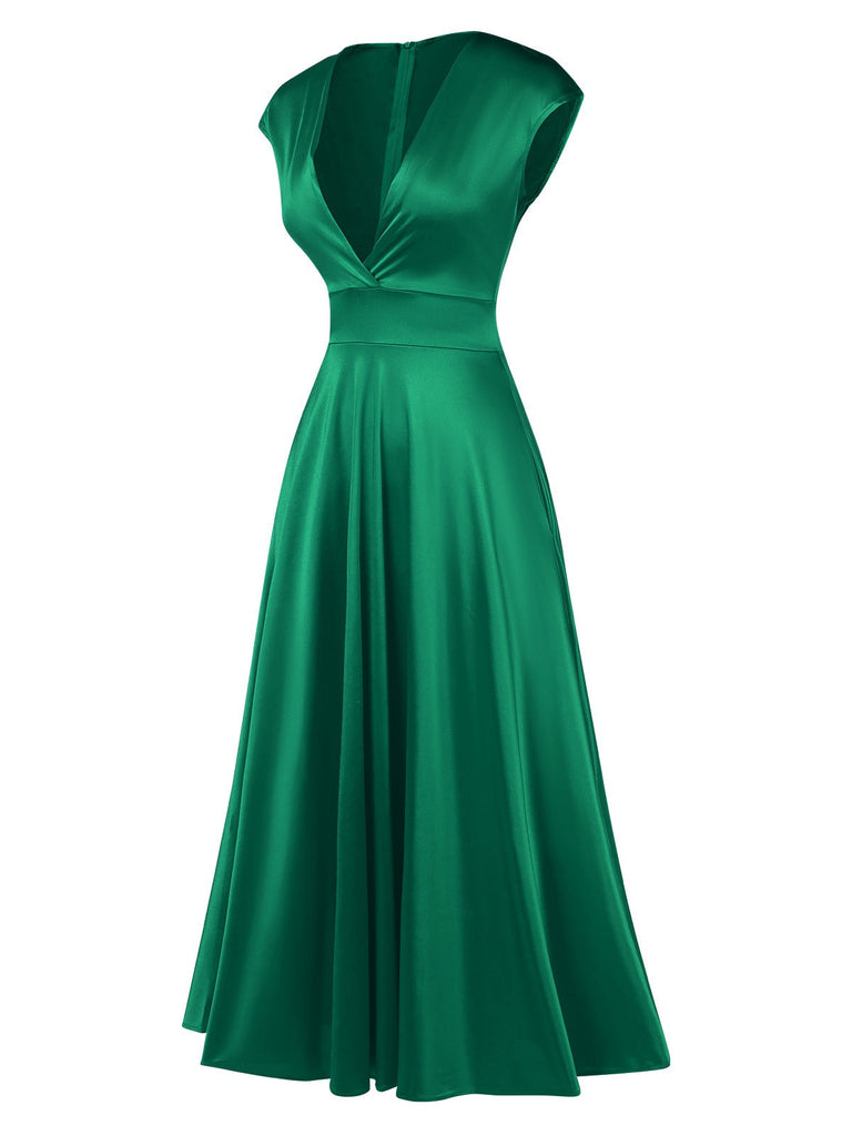 Robe en satin col en V profond rose des années 1950