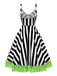 Robe en dentelle verte fluo à rayures noires et blanches des années 1950