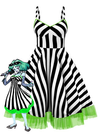 [Grande taille] Robe en dentelle verte fluo à rayures noires et blanches des années 1950