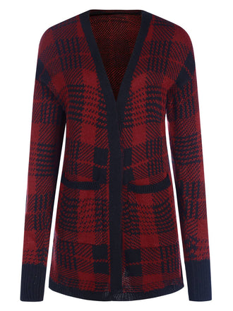 Cardigan tricoté à carreaux avec poches rouge des années 1950