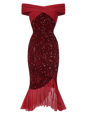Robe rouge de sirène à épaules dénudées à paillettes des années 1930