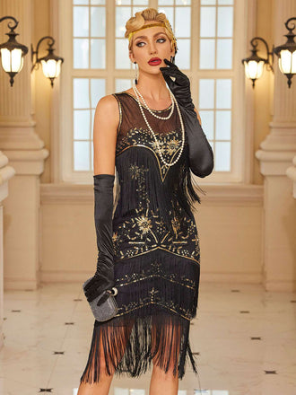 Robe à pampilles et paillettes en maille noir motifs floraux des années 1920