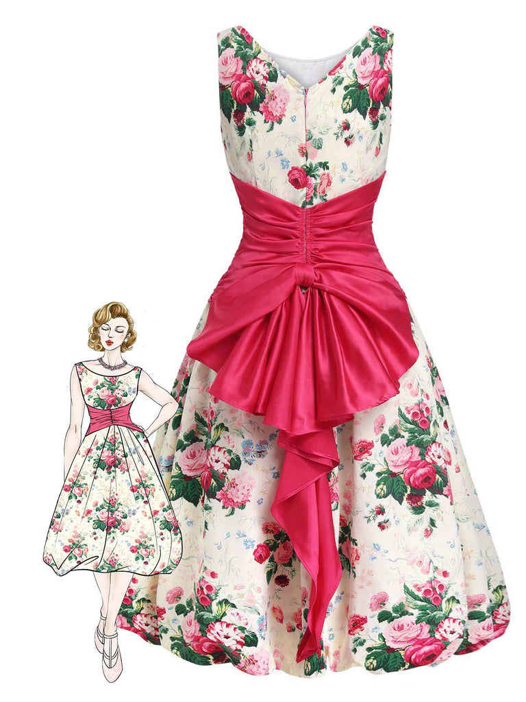 Robe Fuchsia Imprimé Roses Taille Froncée Années 1950