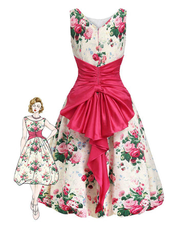 Robe Fuchsia Imprimé Roses Taille Froncée Années 1950