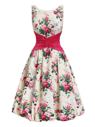 Robe Fuchsia Imprimé Roses Taille Froncée Années 1950