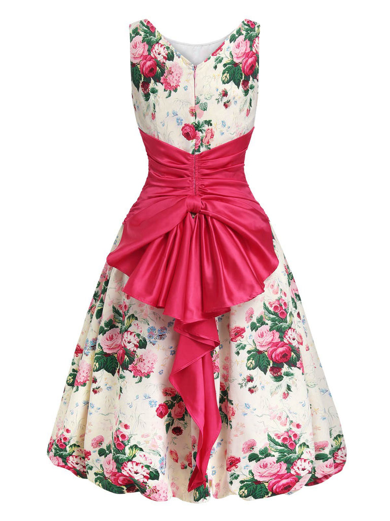 Robe Fuchsia Imprimé Roses Taille Froncée Années 1950