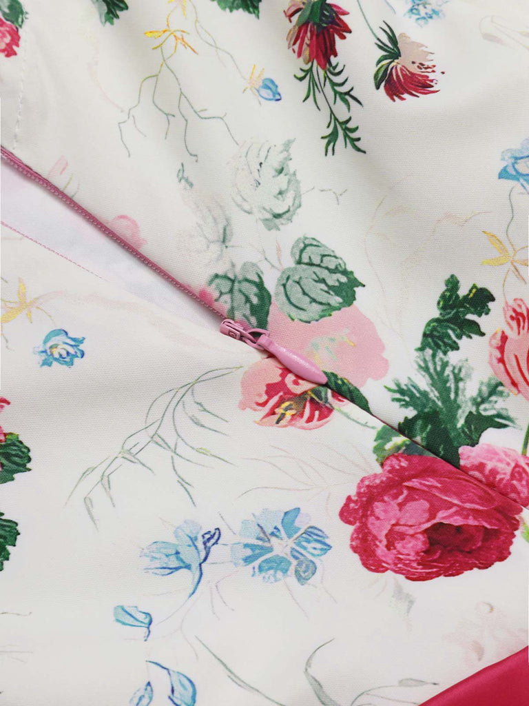 Robe Fuchsia Imprimé Roses Taille Froncée Années 1950