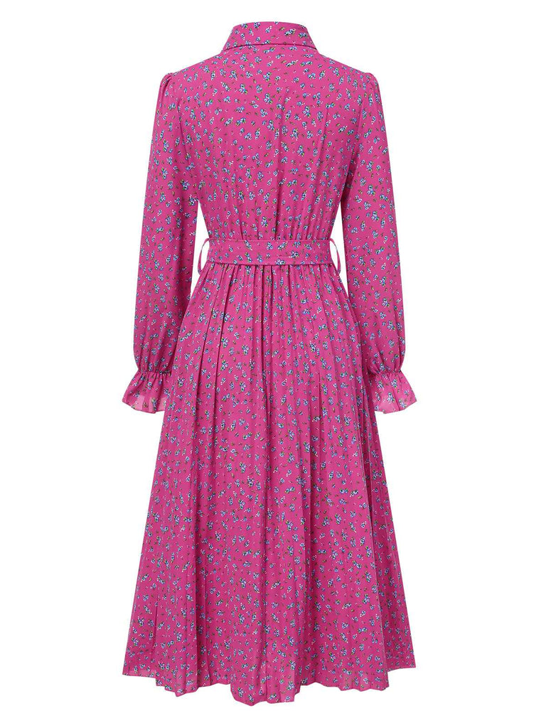 Robe chemise plissée à ceinture et à petits motifs floraux des années 1940