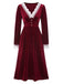 Robe en velours et dentelle à col en V rouge vin des années 40
